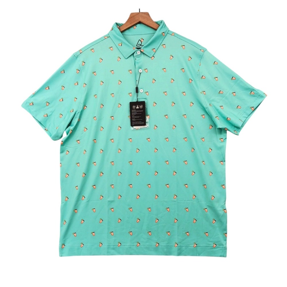 Deolax Golf Polo Shirt Mens XL Green Cocktail Print Stretch Moisture Wicking NEW